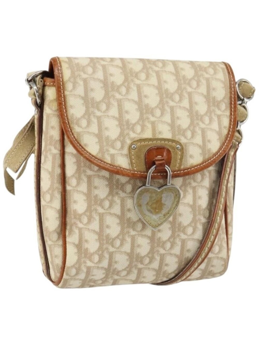 Authentic Christian Dior Trotter Canvas Romantic Shoulder Bag PVC Beige Silver